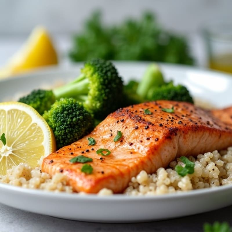 Seared Salmon with Steamed Broccoli and Quinoa