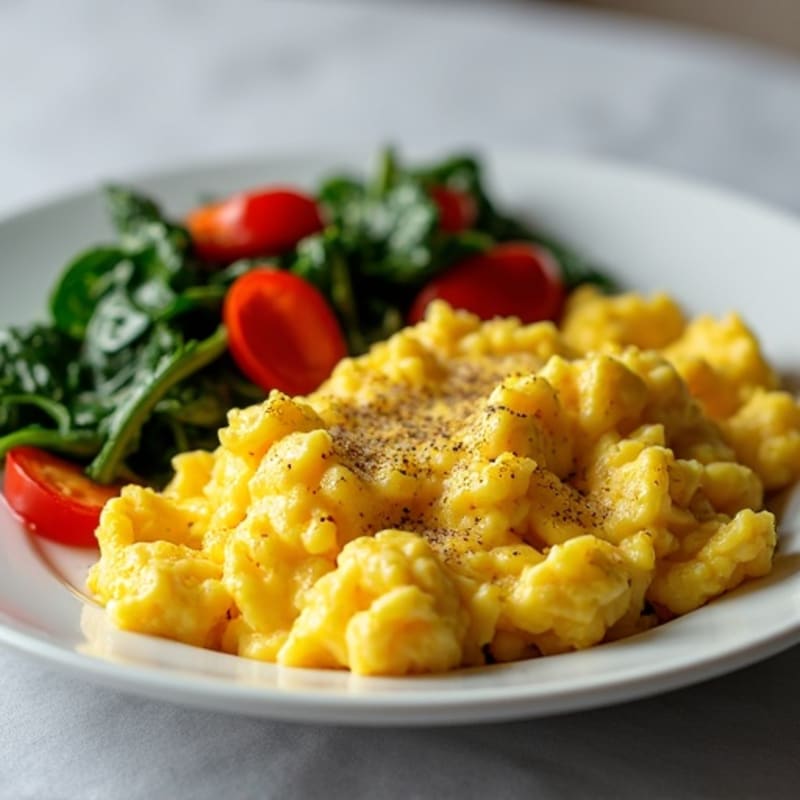 Fluffy Scrambled Eggs with Sautéed Spinach and Roasted Bell Peppers