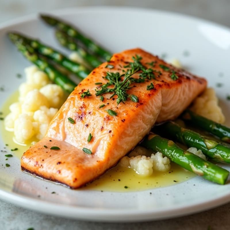 Seared Salmon with Steamed Asparagus and Cauliflower Mash