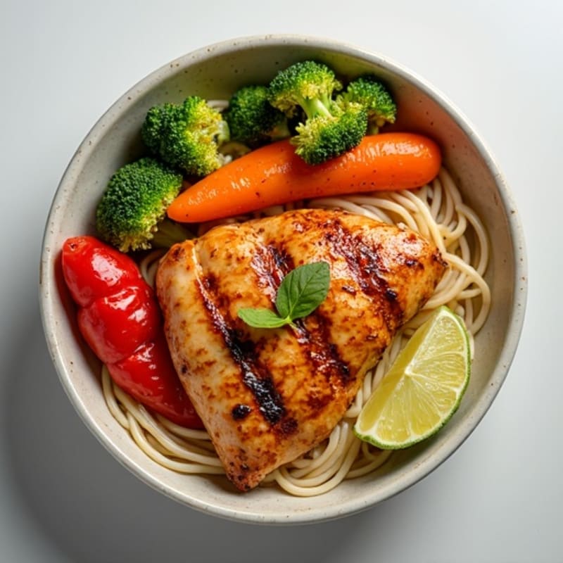 Spicy Chicken Noodle Bowl with Crispy Vegetables