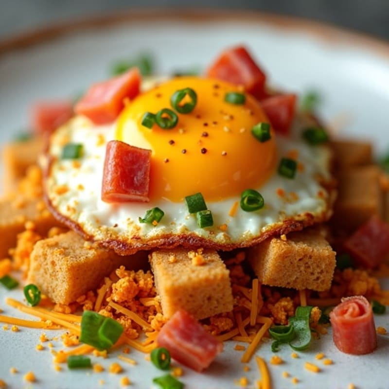 Crispy Roasted Yuca with Pan-Seared Eggs, Savory Cheese, and Salami Crumbles