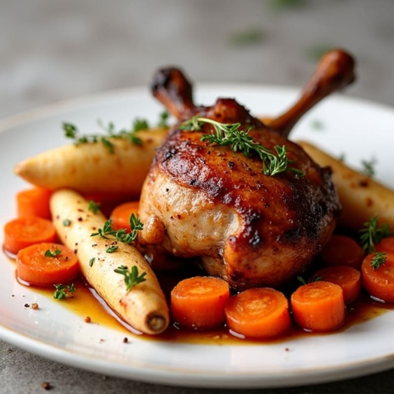 Crispy Slow-Roasted Duck Leg with Roasted Root Vegetables