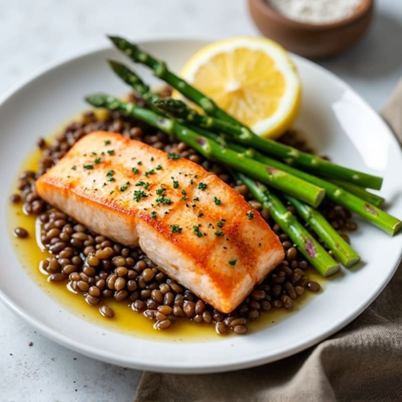 Seared Salmon Fillet with Roasted Asparagus and Lentils