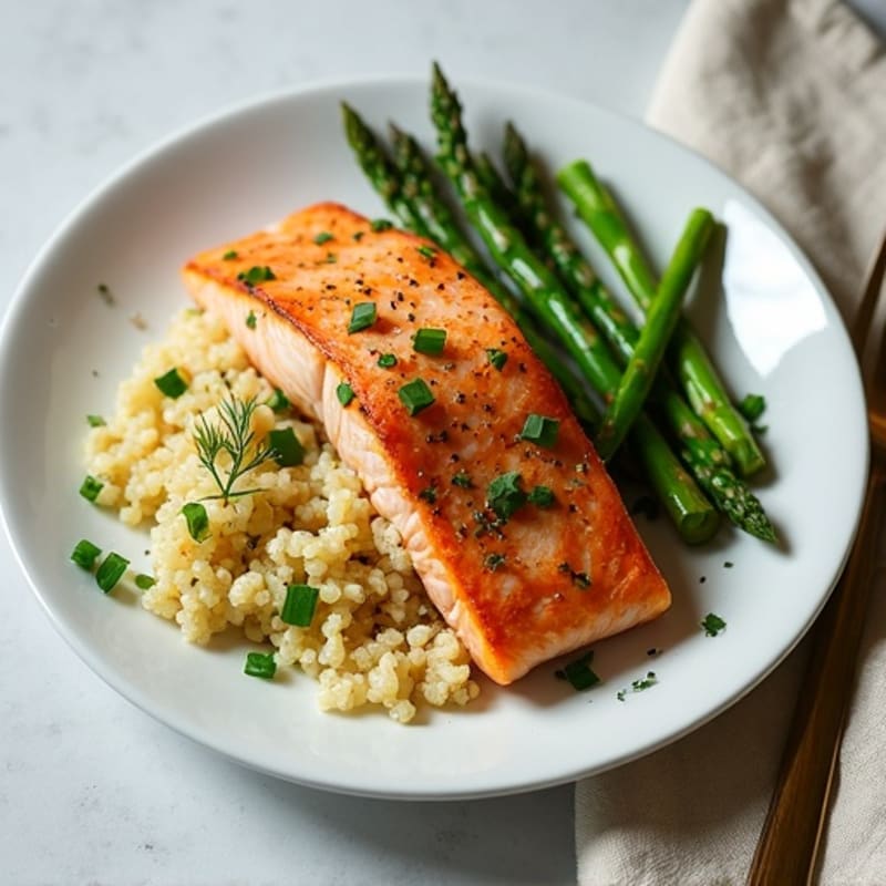 Flaky Garlic-Dill Pan-Seared Salmon with Tender Roasted Asparagus and Quinoa