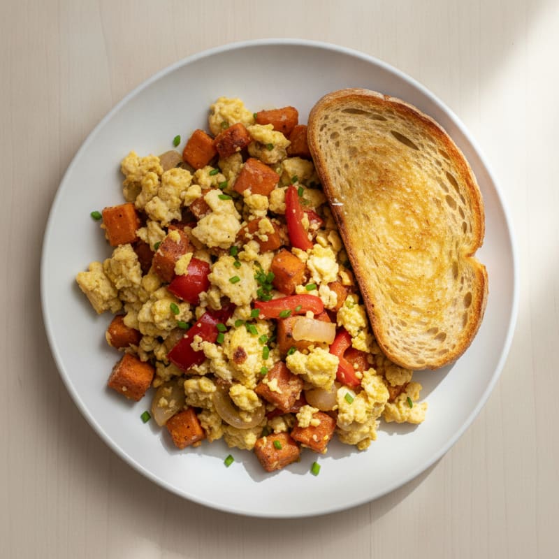Egg and Roasted Veggie Scramble with Gluten Free Sourdough