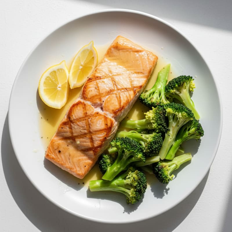 Seared Salmon with Steamed Broccoli and Lemon