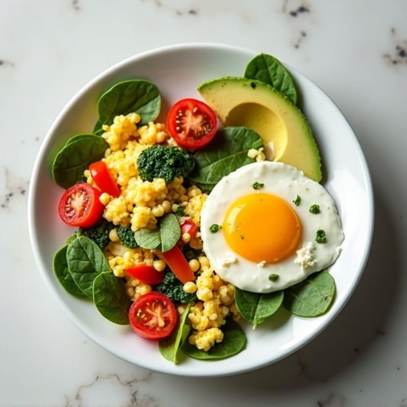 Egg White Veggie Scramble with Cottage Cheese and Sliced Turkey