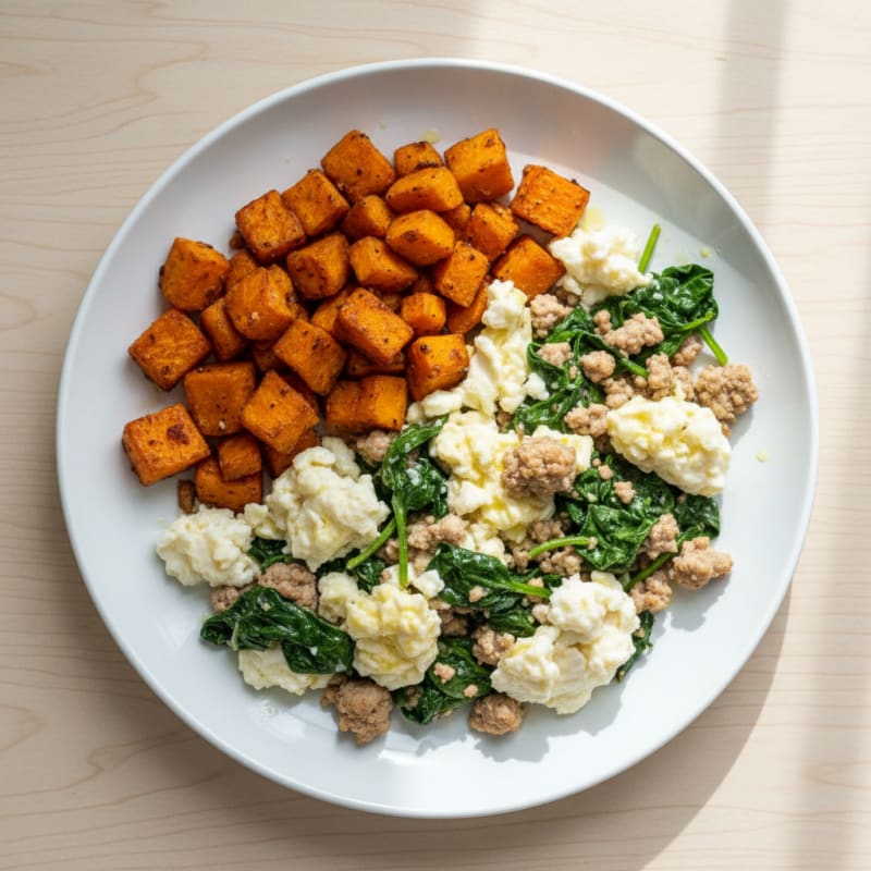 Egg White and Turkey Spinach Scramble with Roasted Sweet Potato