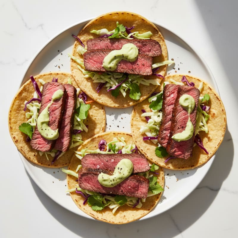 Pan-Seared Steak Tacos with Avocado Crema