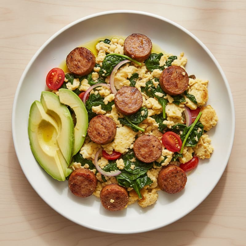 Egg White Scramble with Turkey Sausage and Sautéed Spinach