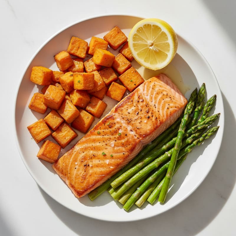 Seared Salmon Fillet with Roasted Sweet Potatoes and Asparagus