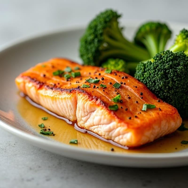 Seared Salmon Fillet with Steamed Broccoli and Roasted Sweet Potato