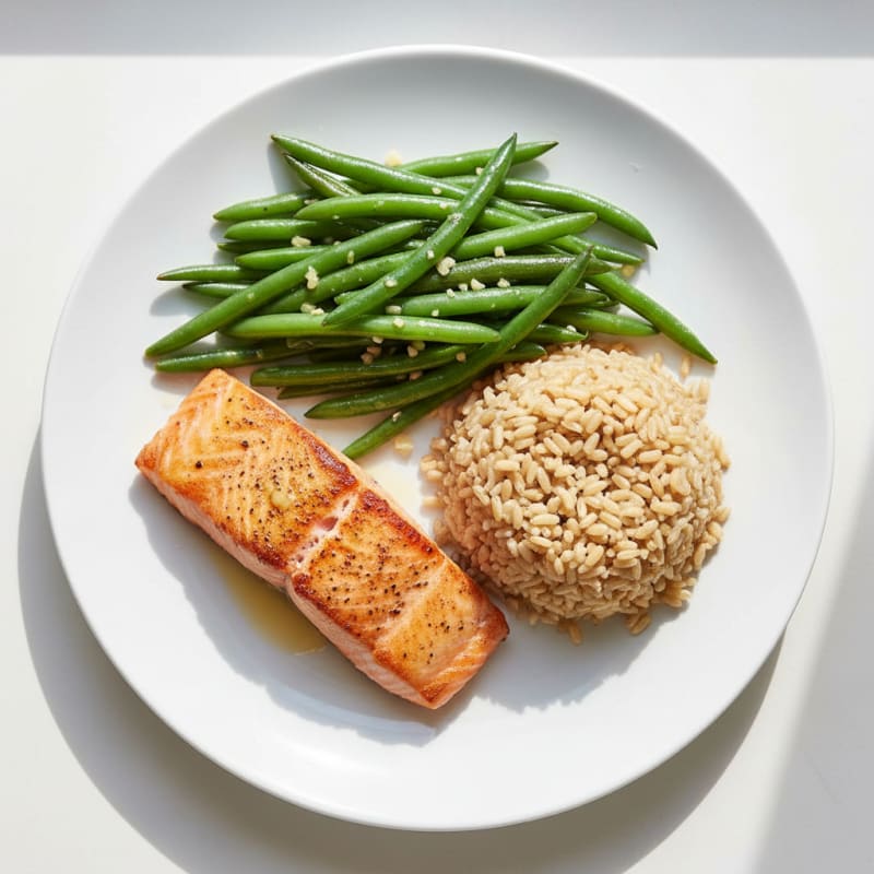 Seared Salmon Fillet with Garlic Green Beans and Brown Rice