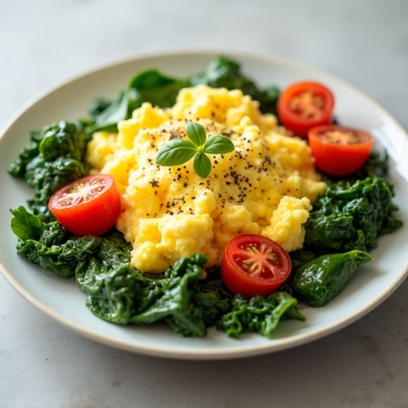 Fluffy Scrambled Eggs with Sautéed Spinach and Roasted Cherry Tomatoes