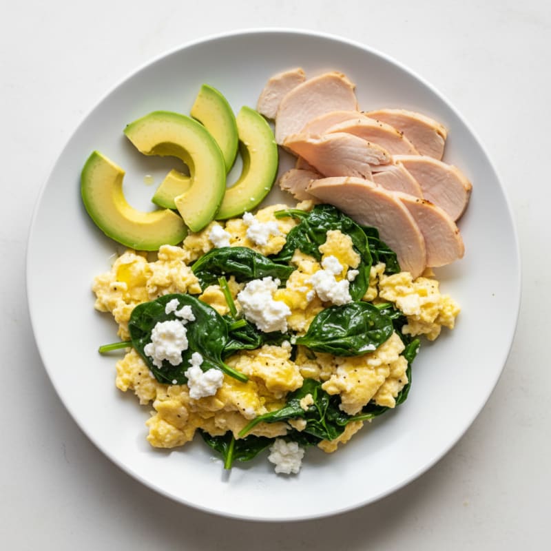 Egg White Spinach Scramble with Cottage Cheese and Sliced Turkey