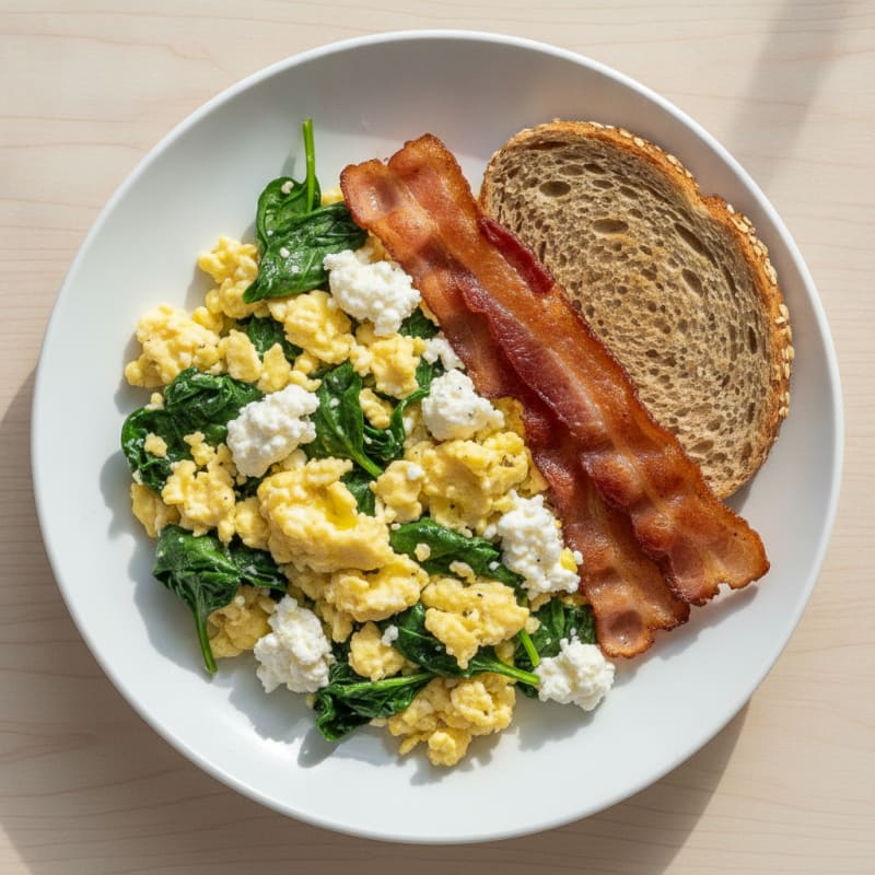 Cottage Cheese Scramble with Spinach and Turkey Bacon