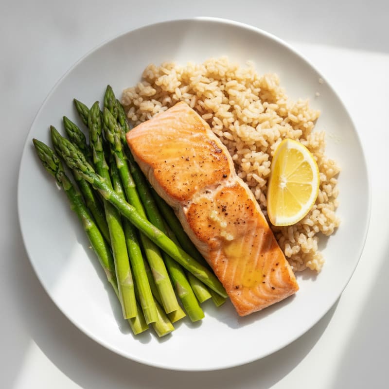 Seared Salmon with Steamed Asparagus and Brown Rice