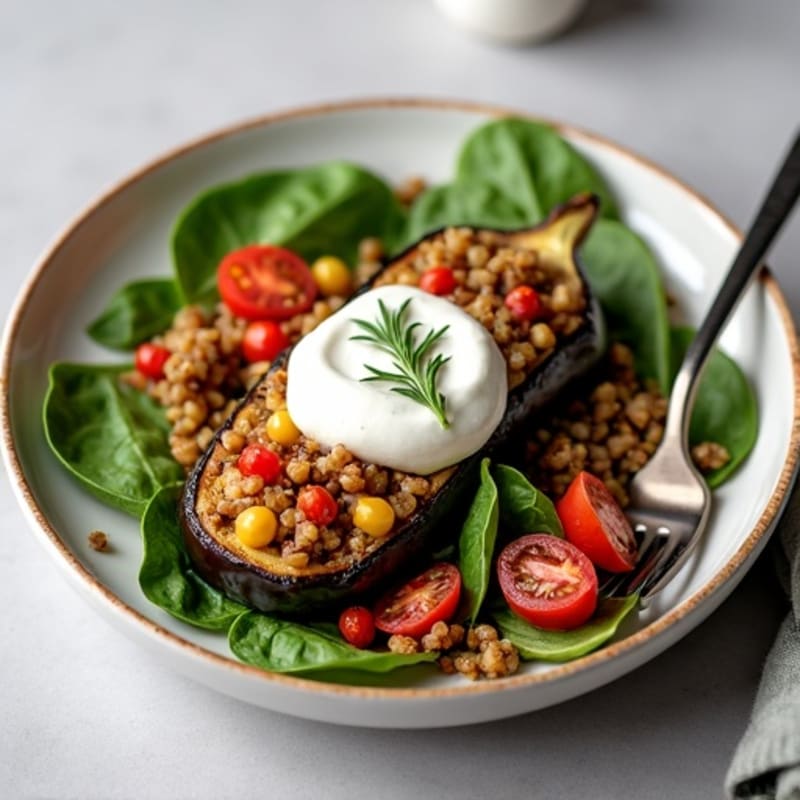 Tender Roasted Eggplant Stuffed with Hearty Lentil-Quinoa