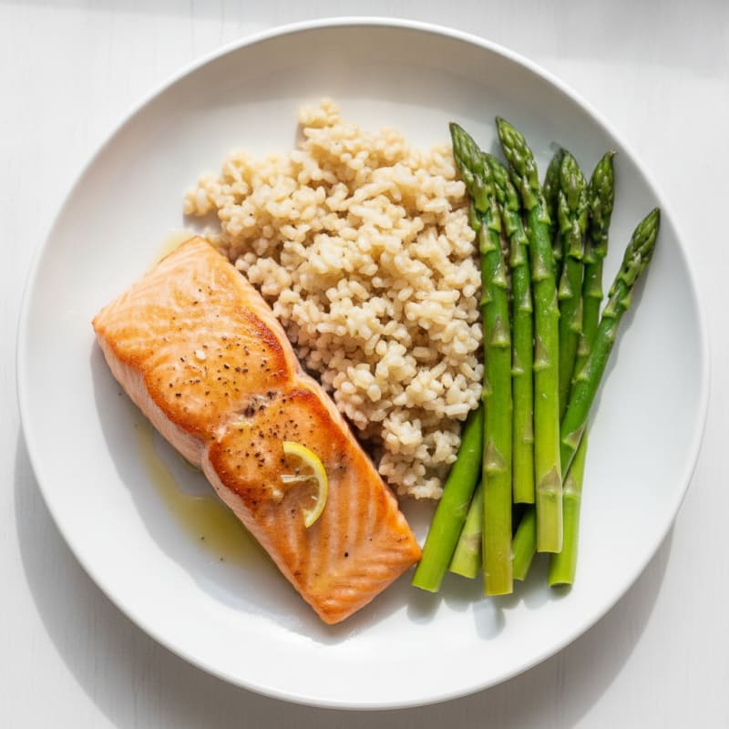 Seared Salmon with Steamed Asparagus and Brown Rice