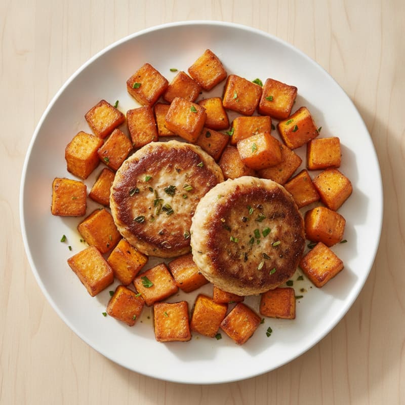 Seared Turkey Patties with Roasted Sweet Potatoes