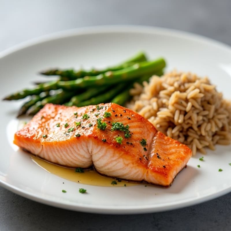 Seared Salmon with Steamed Asparagus and Brown Rice