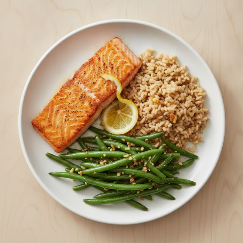 Seared Salmon with Garlic Green Beans and Brown Rice