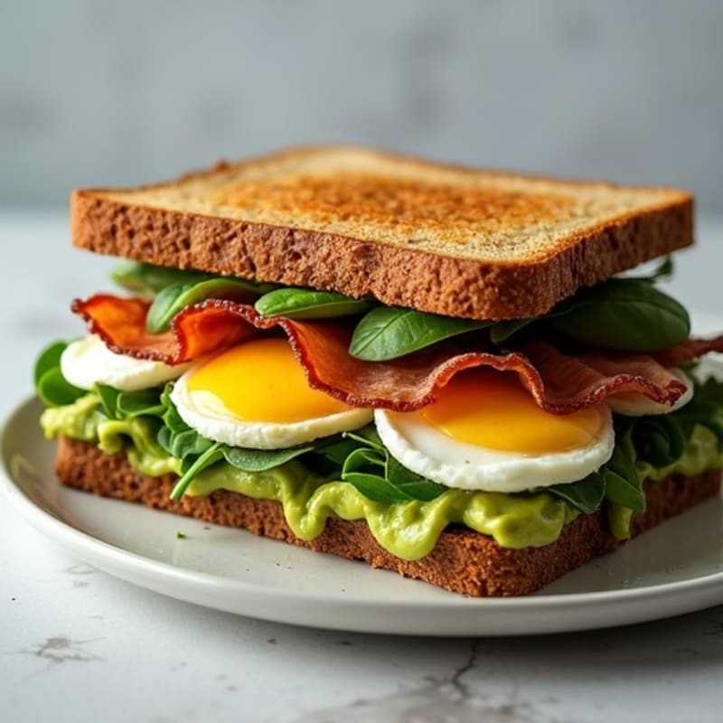 Whole Grain Avocado Sandwich with Crispy Bacon and Fresh Greens