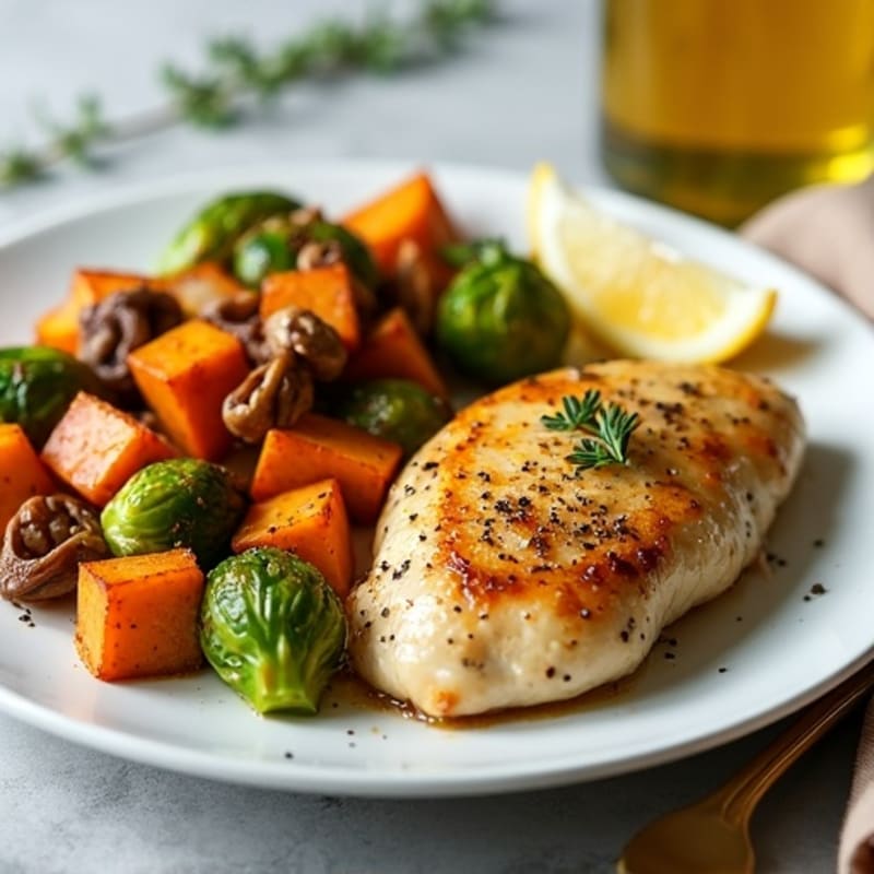 Sheet Pan Lemon-Garlic Chicken with Crispy Brussels Sprouts and Sweet Potatoes