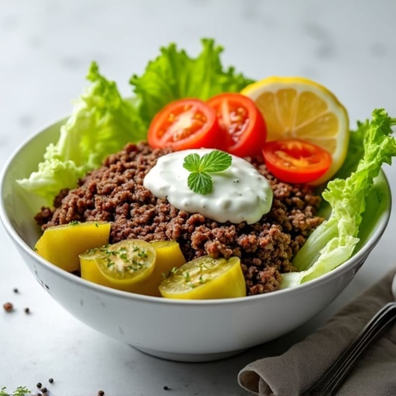 Savory Lean Ground Beef Bowl with Crisp Lettuce, Tangy Pickles, and Creamy Dressing