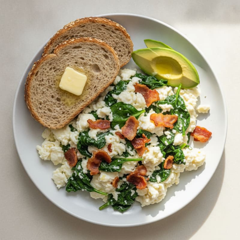 Crispy Turkey Bacon and Egg White Scramble with Sautéed Spinach