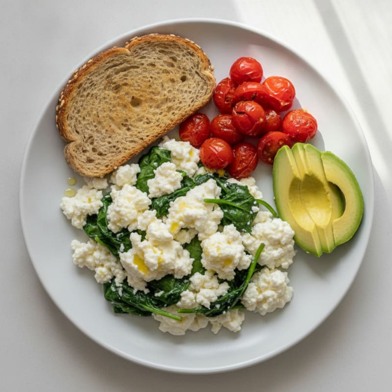 Egg White and Spinach Scramble with Cottage Cheese and Cherry Tomatoes