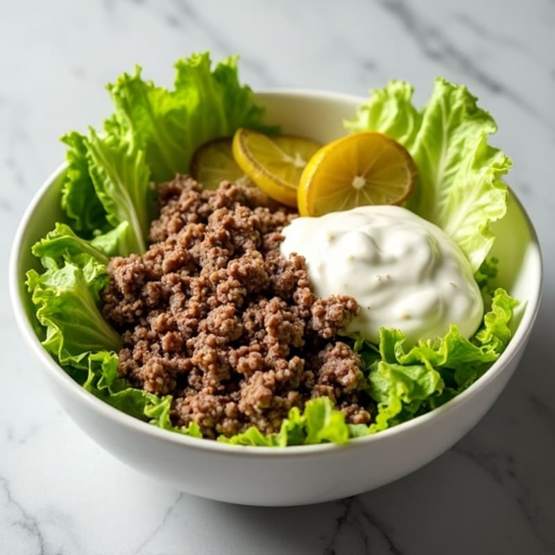 Lean Ground Beef and Crisp Lettuce Bowl with Tangy Pickles and Creamy Dressing