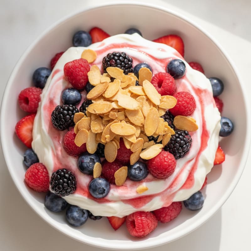 Greek Yogurt Protein Parfait with Mixed Berries and Almonds