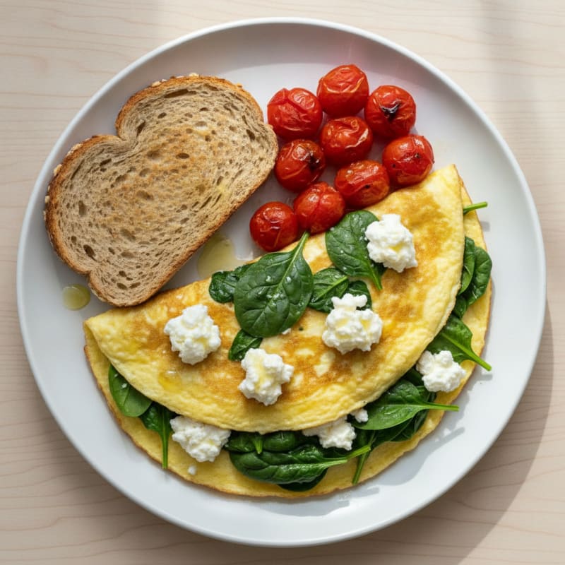 Egg White Spinach Omelette with Cottage Cheese and Cherry Tomatoes