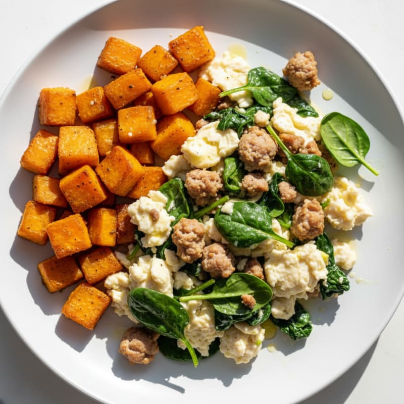 Egg White and Turkey Sausage Scramble with Spinach and Roasted Sweet Potatoes