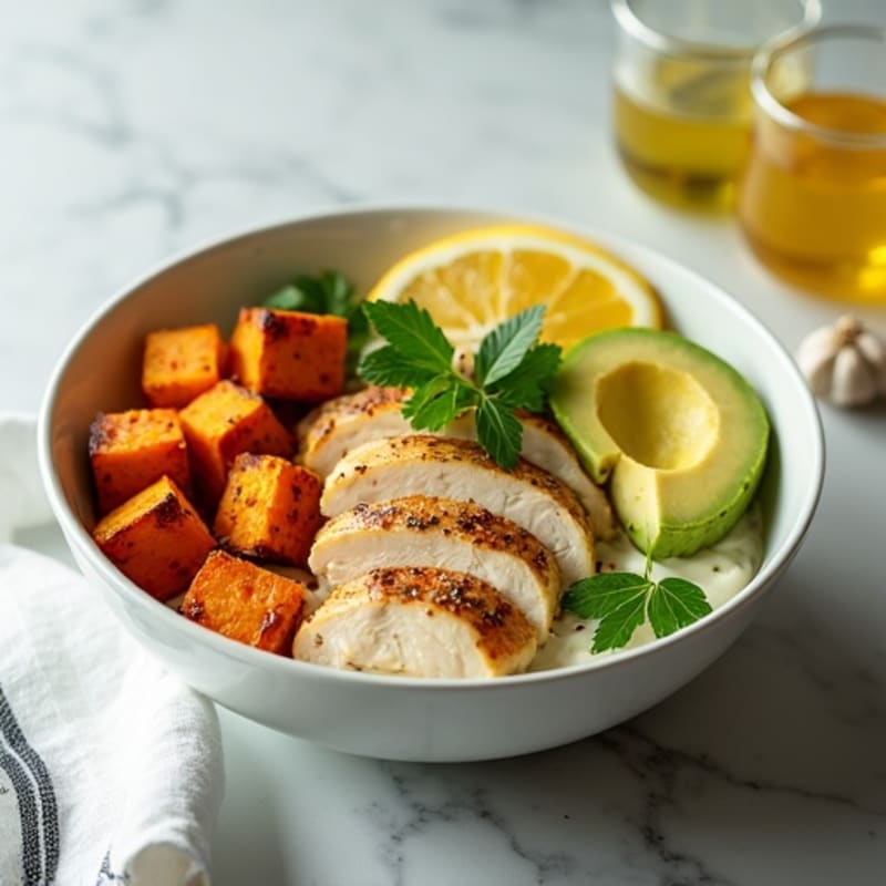 Lemon Herb Chicken and Creamy Avocado Bowl with Roasted Sweet Potatoes