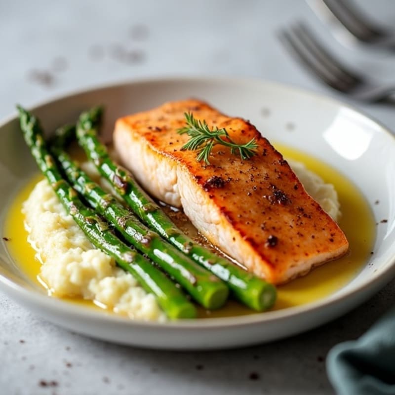 Seared Salmon Fillet with Roasted Asparagus and Cauliflower Mash