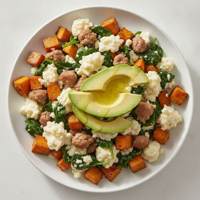 Egg White and Turkey Sausage Scramble with Spinach and Sweet Potato