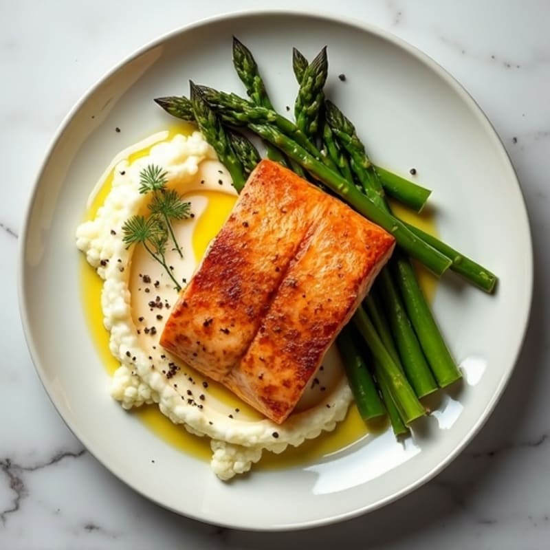 Seared Salmon Fillet with Steamed Asparagus and Cauliflower Mash