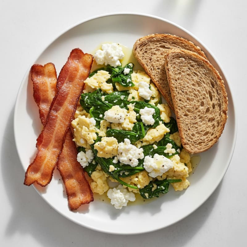 Egg White and Spinach Scramble with Cottage Cheese and Turkey Bacon
