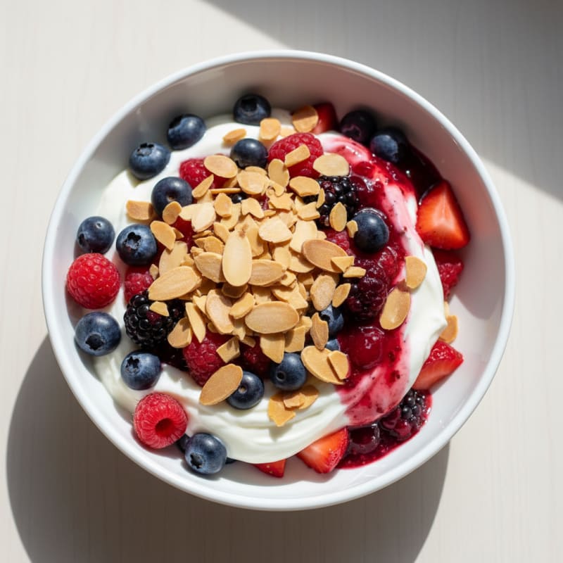 Greek Yogurt Protein Parfait with Mixed Berries and Almonds