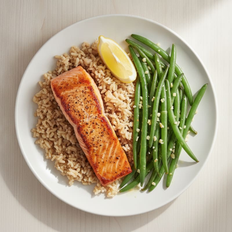 Seared Salmon with Garlic Green Beans and Brown Rice