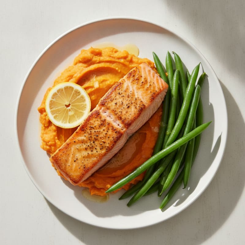 Seared Salmon Fillet with Steamed Green Beans and Creamy Mashed Sweet Potatoes