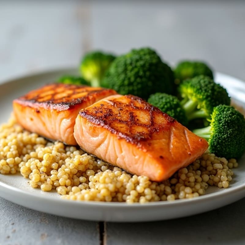 Seared Salmon with Roasted Broccoli and Quinoa