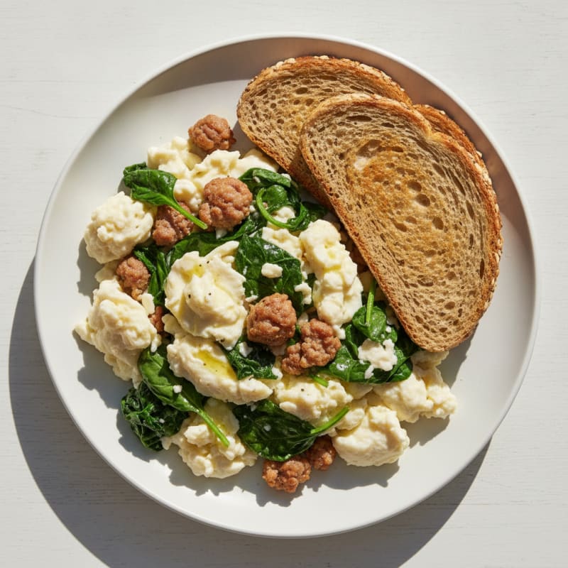 Egg White Scramble with Turkey Sausage and Sautéed Spinach