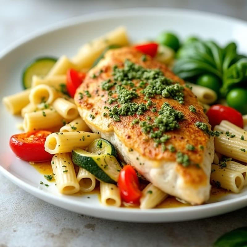 Creamy Pesto Chicken Pasta with Roasted Vegetables