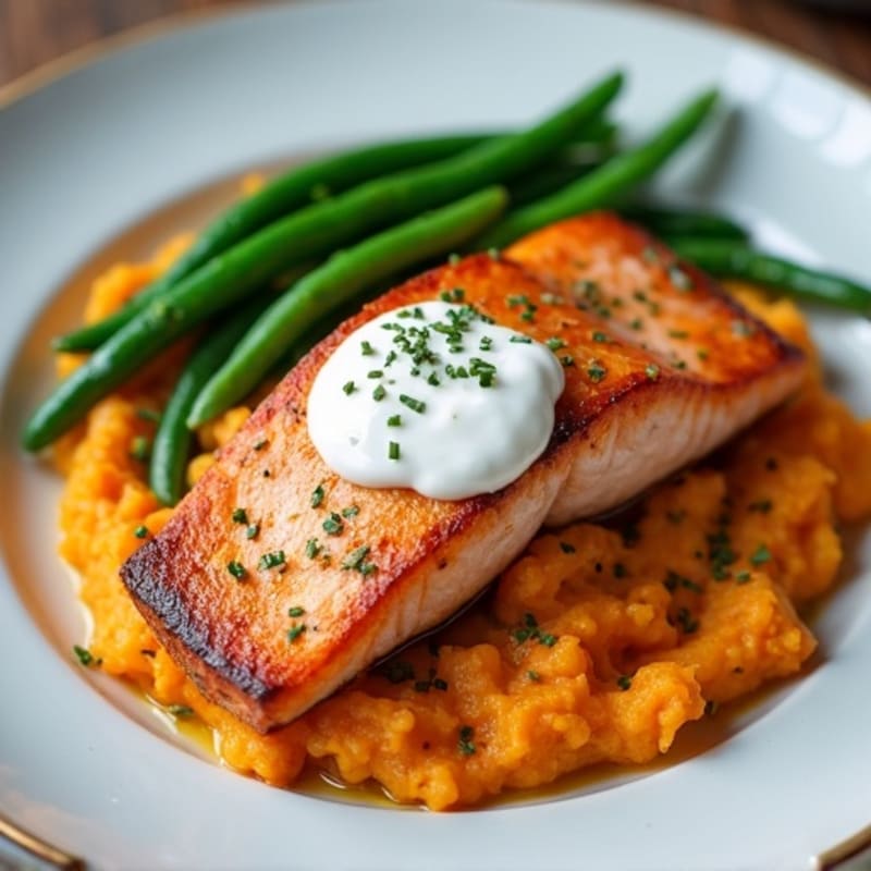 Seared Salmon with Garlic Green Beans and Sweet Potato Mash