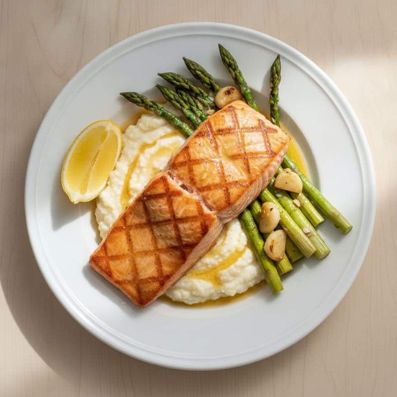 Seared Salmon Fillet with Roasted Asparagus and Cauliflower Mash