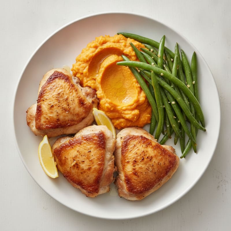 Seared Chicken Thighs with Garlic Green Beans and Sweet Potato Mash
