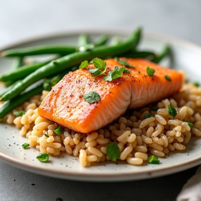 Seared Salmon with Garlic Green Beans and Brown Rice